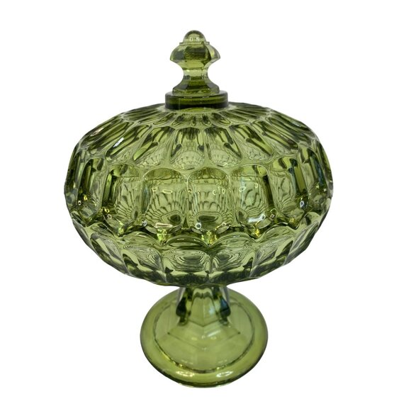 Rare Large Vintage 60s Green Fenton Glass Dish Pedestal Facet Covered 6975 - Picture 1 of 13